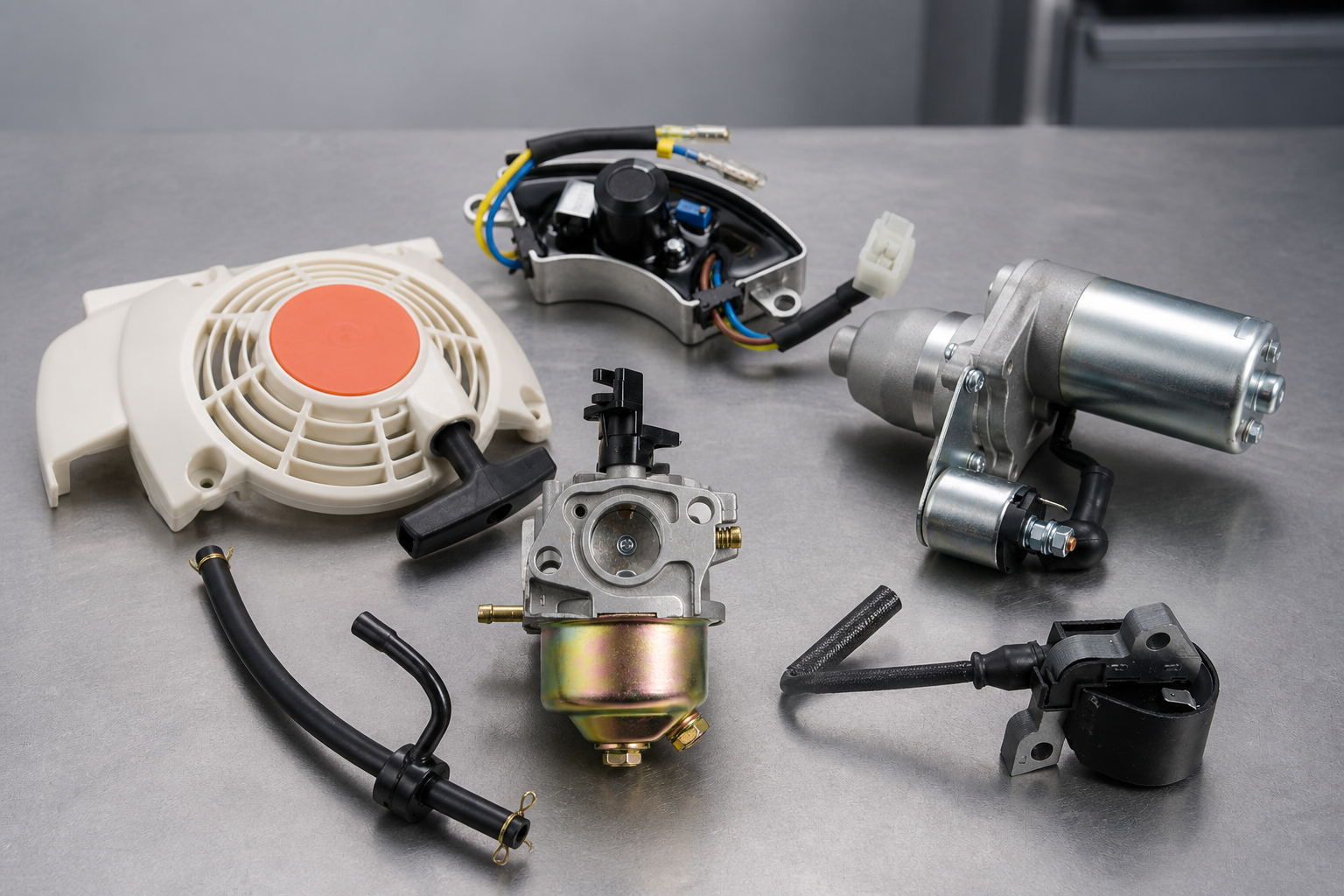 Generator carburetor, recoil starter, ignition coil, starter motor and electrical component on a metal workbench